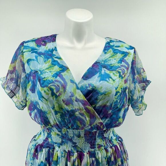 Ashro Lavita Blue Floral V-Neck Dress 1X 16/18 Smocked Waist Short Sleeve - Picture 4 of 16